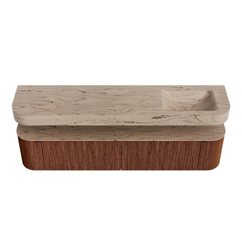 MONDIAZ THOR-DLUX 200cm meuble de salle de bains arrondi gauche + droite couleur Ruby avec 2 tiroirs et 2 portes. Vasque suspendue CLOUD droite sans trou de robinet couleur Arena. SW1467086