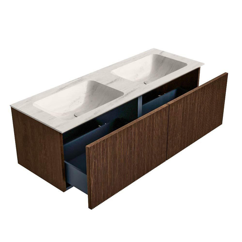 MONDIAZ KURVE-DLUX Meuble de salle de bains 130 cm couleur Walnut avec 2 tiroirs et 0 portes. Lavabo LEAF Double sans trou de robinet Meli. SW1431742