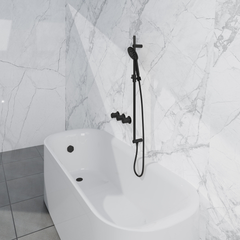 Fortifura Nebbio Ensemble combiné bain - mitigeur thermostatique - barre de glissement avec coude mural intégré - flexible de douche lisse - douchette ronde - Remplissage-vidage de baignoire - noir mat SW1238076