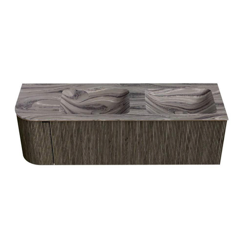 MONDIAZ KURVE-DLUX 145cm badmeubel ronding Links kleur Shadow met 1 lade en 1 deur. Wastafel LEAF Dubbel / Rechts 2 kraangaten Sombra. SW1433797