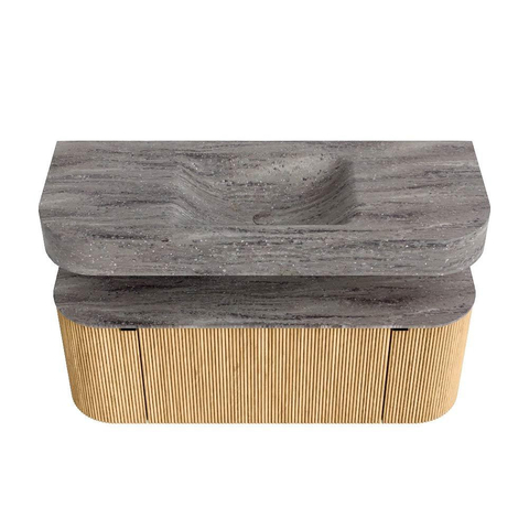 MONDIAZ THOR-DLUX 120cm badmeubel ronding links + rechts kleur Oak met 1 lade en 2 deuren. Vrijhangende wastafel CLOUD Midden zonder kraangat kleur Oza. SW1463383