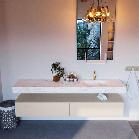Mondiaz ALAN-DLUX Ensemble de meuble - 200cm - meuble Linen mat - 2 tiroirs - Lavabo Cloud Ostra suspendu - vasque Droite - 1 trou de robinet SW807289