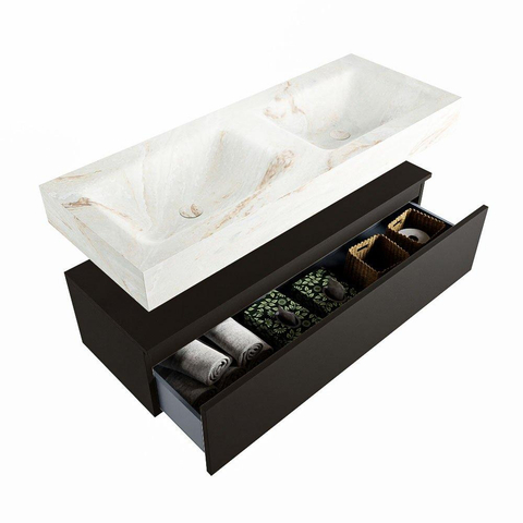 Mondiaz ALAN-DLUX Ensemble de meuble - 120cm - meuble Urban mat - 1 tiroir - Lavabo Cloud Frappe suspendu - vasque Gauche et droite - 2 trous de robinet SW804885