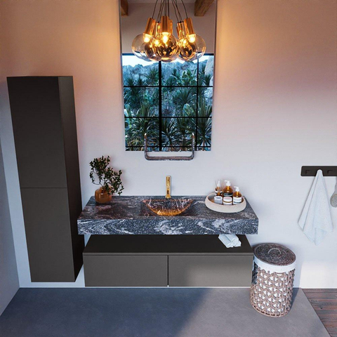Mondiaz ALAN-DLUX Ensemble de meuble - 130cm - meuble Dark grey mat - 2 tiroirs - Lavabo Cloud Lava suspendu - vasque Centre - 1 trou de robinet SW808108