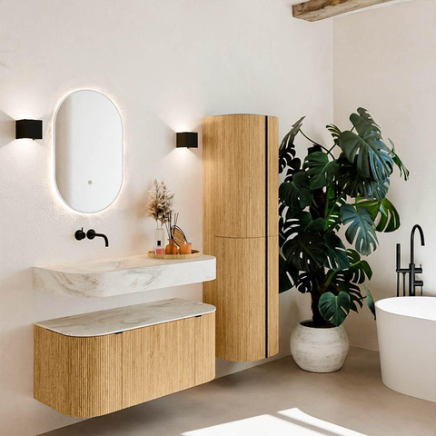 MONDIAZ THOR-DLUX 100cm badmeubel ronding links + rechts kleur Oak met 1 lade en 2 deuren. Vrijhangende wastafel CLOUD Links zonder kraangat kleur Ostra. SW1467319