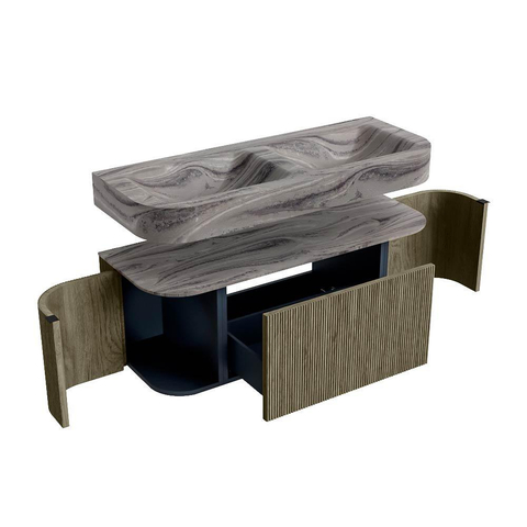 MONDIAZ THOR-DLUX 120cm meuble de salle de bains arrondi gauche + droite couleur Shadow avec 1 tiroir et 2 portes. Vasque suspendue CLOUD Double sans trou de robinet couleur Sombra. SW1463669