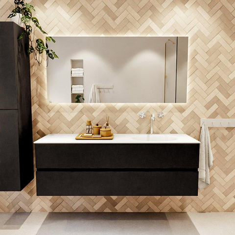 MONDIAZ VICA meuble sous lavabo 150cm Urban 2 tiroirs. Lavabo MOON droite 1 trou de robinet, couleur Talc. SW1381886