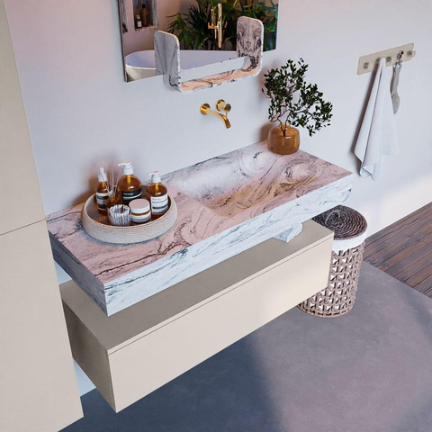 Mondiaz ALAN-DLUX Ensemble de meuble - 110cm - meuble Linen mat - 1 tiroir - Lavabo Cloud Glace suspendu - vasque Droite - 0 trous de robinet SW805766