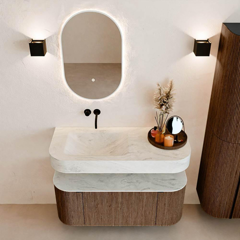 MONDIAZ THOR-DLUX Meuble de salle de bains 110cm arrondi gauche + droite couleur Walnut avec 1 tiroir et 2 portes. Vasque suspendue CLOUD Gauche sans trou de robinet couleur Opalo. SW1462752