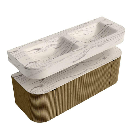 MONDIAZ THOR-DLUX 130cm meuble de salle de bains arrondi gauche + droite couleur Dusk avec 1 tiroir et 2 portes. Vasque suspendue CLOUD Double 2 trous de robinet couleur Nata. SW1463849