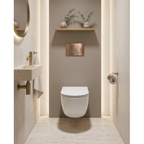 QeramiQ Dely Swirl Ensemble WC - 36,3x51,7 cm - Réservoir encastré Geberit UP320 - Abattant fin - Plaque de commande en cuivre - Boutons ronds - Blanc brillant SW1126092