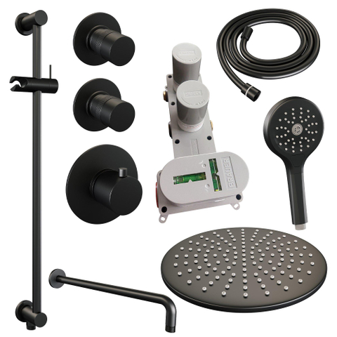 Brauer Black Edition Ensemble de douche pluie encastré - douche principale 30cm - bras mural - glissière - avec partie encastrable - boutons lisses - douchette ronde 1 fonction - noir mat SW538362
