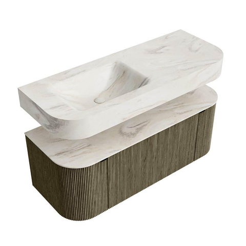 MONDIAZ THOR-DLUX 120cm meuble de salle de bains arrondi gauche + droite couleur Shadow avec 1 tiroir et 2 portes. Vasque suspendue CLOUD Gauche sans trou de robinet couleur Ostra. SW1463148