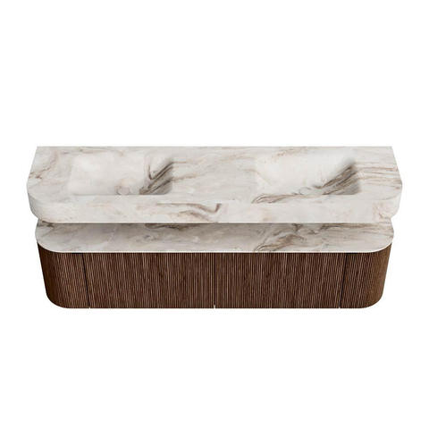 MONDIAZ THOR-DLUX 180cm badmeubel ronding links + rechts kleur Walnut met 2 lades en 2 deuren. Vrijhangende wastafel CLOUD Dubbel 2 kraangaten kleur Frappe. SW1465952