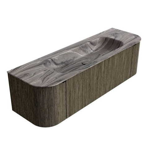 MONDIAZ KURVE-DLUX Meuble de salle de bains 150 cm arrondi Gauche + Droite couleur Shadow avec 1 tiroir et 2 portes. Plan-vasque BIG MEDIUM Central 1 trou de robinet Sombra. SW1433767
