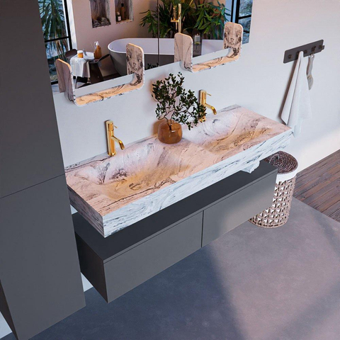 Mondiaz ALAN-DLUX Ensemble de meuble - 130cm - meuble Plata mat - 2 tiroirs - Lavabo Cloud Glace suspendu - vasque Gauche et droite - 2 trous de robinet SW806200