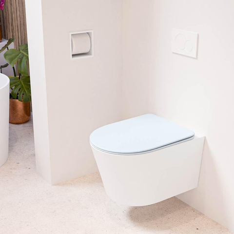 Mondiaz LAVIE hangtoilet – spoelrandloos – 36 x 53 cm – met softclose zitting – Talc (wit), zitting Clay (lichtblauw/grijs) SW1208595