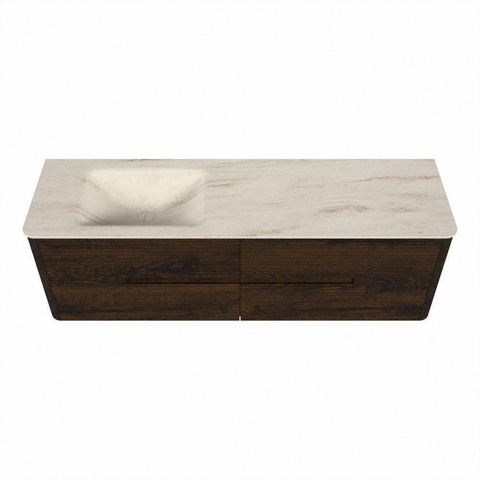 Mondiaz CIRO-DLUX Meuble de salle de bains - 160x45x50cm - Plan-vasque en solid surface Meli - 1 vasque à gauche - sans trous de robinetterie - 4 tiroirs - Noyer SW1530534