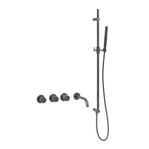 Fortifura Nebbio Badcombinatie-set - thermostaatkraan - glijstang - met geïntegreerde - wandaansluitbocht - metalen doucheslang - staaf handdouche - uitloop - PVD - geborsteld gunmetal (antraciet) SW1238089