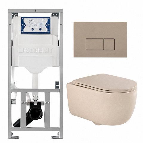 QeramiQ Dely Swirl Toiletset - 36.3x51.7cm - Geberit UP320 inbouwreservoir - met Burda frame - slimzitting - bedieningsplaat taupe - rechthoekige knoppen - mat beige SW1164231