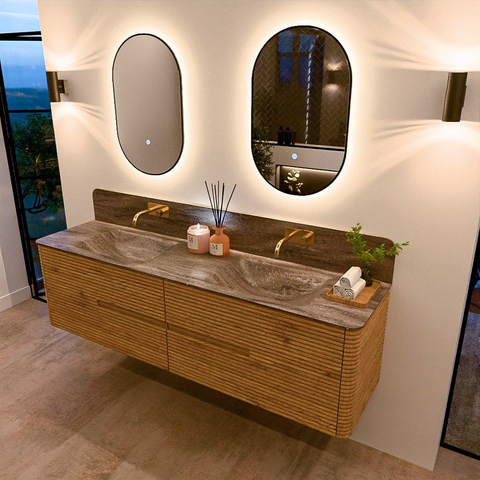 Mondiaz CIRO-DLUX Ensemble de meubles de salle de bains - 180x45x50cm - Vasque en solid surface Oza - 2 bassins Double - sans trous de robinet - 4 tiroirs - Chêne SW1531211