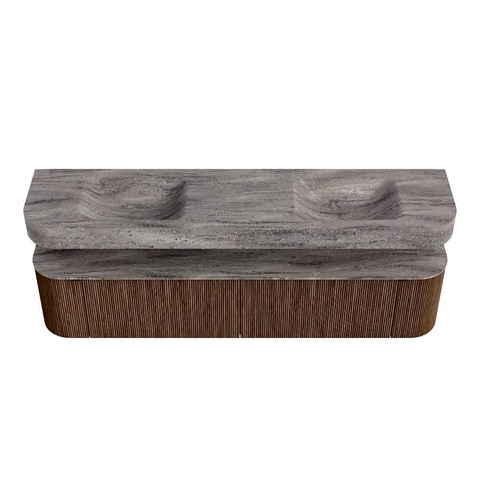 MONDIAZ THOR-DLUX 200cm meuble de salle de bains arrondi gauche + droite couleur Walnut avec 2 tiroirs et 2 portes. Vasque suspendue CLOUD Double sans trou de robinet couleur Oza. SW1467194