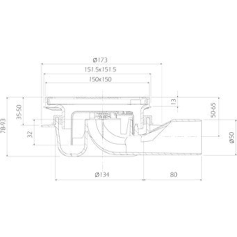 Aquaberg ABS kunststof put bezand met RVS rooster zijuitloop 50mm laag model 150x150mm met reukslot 32mm 2300231