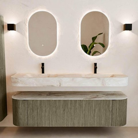 MONDIAZ THOR-DLUX 170cm meuble de salle de bains arrondi gauche + droite couleur Shadow avec 1 tiroir et 2 portes. Vasque suspendue CLOUD Double 2 trous de robinet couleur Frappe. SW1465518