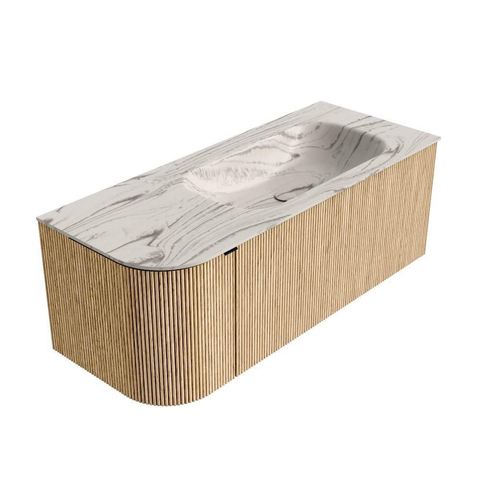 MONDIAZ KURVE-DLUX 115cm badmeubel ronding Links kleur Oak met 1 lade en 1 deur. Wastafel BIG SMALL Rechts 1 kraangat Nata. SW1432091