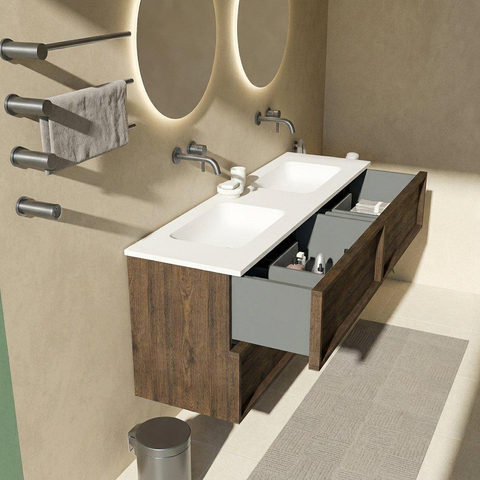 Saniclass Holz Frame Badkamermeubelset - 160x45x77.5cm - Torino solid surface wastafel wit - zonder kraangat - 4 lades - mat eiken charcoal (hout) SW1579927