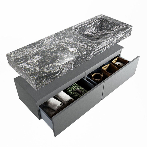 Mondiaz ALAN-DLUX Ensemble de meuble - 130cm - meuble Plata mat - 2 tiroirs - Lavabo Cloud Lava suspendu - vasque Droite - 0 trous de robinet SW808700