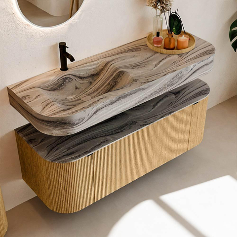 MONDIAZ THOR-DLUX 130cm badmeubel ronding links + rechts kleur Oak met 1 lade en 2 deuren. Vrijhangende wastafel CLOUD Links 1 kraangat kleur Sombra. SW1464043