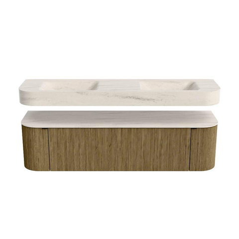 MONDIAZ THOR-DLUX 170cm meuble de salle de bains arrondi gauche + droite couleur Dusk avec 1 tiroir et 2 portes. Vasque suspendue CLOUD Double 2 trous de robinet couleur Meli. SW1465772