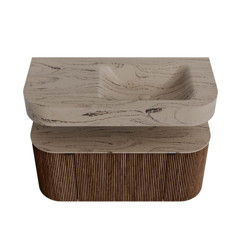 MONDIAZ THOR-DLUX 100cm meuble de salle de bains arrondi gauche + droite couleur Walnut avec 1 tiroir et 2 portes. Vasque suspendue CLOUD droite 1 trou de robinet couleur Arena. SW1467451
