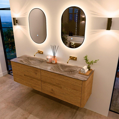 Mondiaz CIRO-DLUX Ensemble de meubles de salle de bains - 170x45x50cm - vasque en solid surface Oza - 2 cuves double - sans trous de robinet - 4 tiroirs - Chêne SW1531154