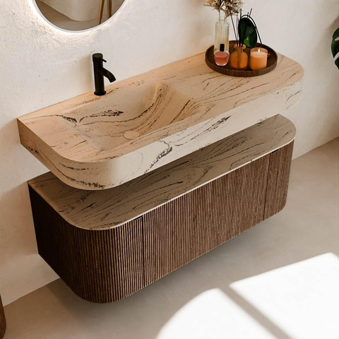 MONDIAZ THOR-DLUX 120cm meuble de salle de bains arrondi gauche + droite couleur Walnut avec 1 tiroir et 2 portes. Vasque suspendue CLOUD gauche 1 trou de robinet couleur Arena. SW1463401