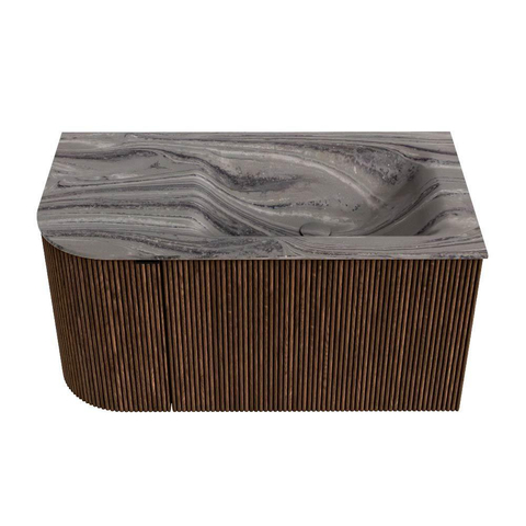 MONDIAZ KURVE-DLUX 85cm badmeubel ronding Links kleur Walnut met 1 lade en 1 deur. Wastafel CLOUD Rechts zonder kraangat Sombra. SW1433629