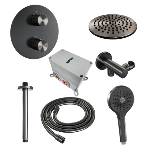 BRAUER Douche à l'italienne thermostatique Gunmetal Carving - 3 voies - rond - set 83 - douche principale de 20 cm - bras plafond - douchette à main 3 positions - flexible de douche - coude mural - gunmetal brossé PVD SW1159167