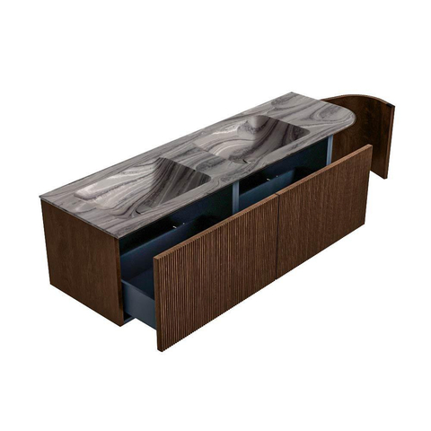 MONDIAZ KURVE-DLUX 155cm badmeubel ronding Rechts kleur Walnut met 2 lades en 1 deur. Wastafel LEAF Dubbel / Links zonder kraangat Sombra. SW1433698