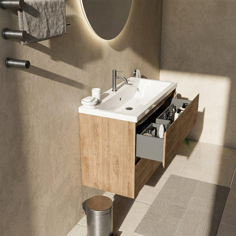 Saniclass Holz Pure Ensemble meuble de salle de bains - 100x45x63.5cm - Lavabo en céramique Bari blanc - 1 vasque - 1 trou de robinet - 2 tiroirs - chêne naturel mat (bois) SW1478758