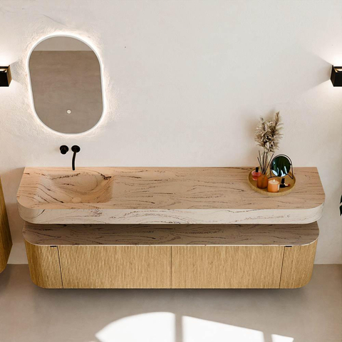 MONDIAZ THOR-DLUX 200cm meuble de salle de bains arrondi gauche + droite couleur Oak avec 2 tiroirs et 2 portes. Vasque suspendue CLOUD gauche sans trou de robinet couleur Arena. SW1467060