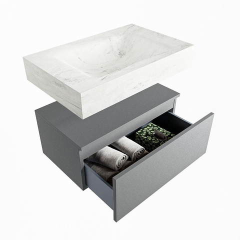 Mondiaz ALAN-DLUX Ensemble de meuble - 70cm - meuble Plata mat - 1 tiroir - Lavabo Cloud Opalo suspendu - vasque Centre - 1 trou de robinet SW807217