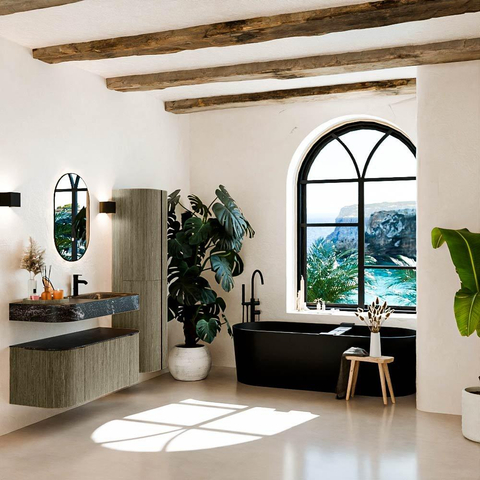 MONDIAZ THOR-DLUX 110cm meuble de salle de bains arrondi gauche + droite couleur Shadow avec 1 tiroir et 2 portes. Vasque suspendue CLOUD Droite 1 trou de robinet couleur Lava. SW1462879