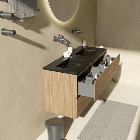 Saniclass Holz Pure Badkamermeubelset - 120x45x62cm - Vygo keramische wastafel zwart - 2 wasbakken - zonder kraangaten - 4 lades - mat eiken natural (hout) SW1478989