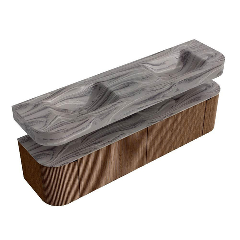 MONDIAZ THOR-DLUX 180cm badmeubel ronding links + rechts kleur Walnut met 2 lades en 2 deuren. Vrijhangende wastafel CLOUD Dubbel zonder kraangat kleur Sombra. SW1466280