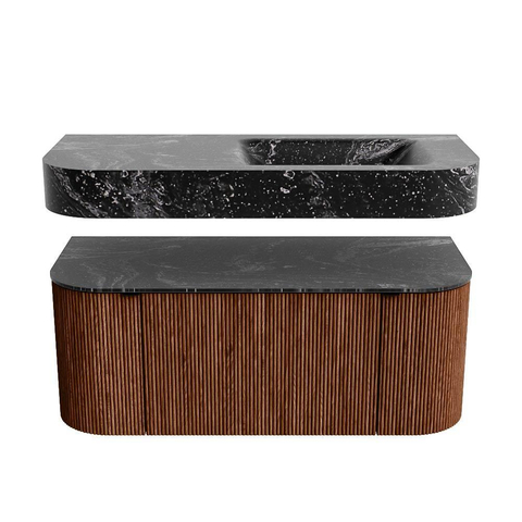 MONDIAZ THOR-DLUX 110cm meuble de salle de bains arrondi gauche + droite couleur Ruby avec 1 tiroir et 2 portes. Vasque suspendue CLOUD droite sans trou de robinet couleur Lava. SW1462855