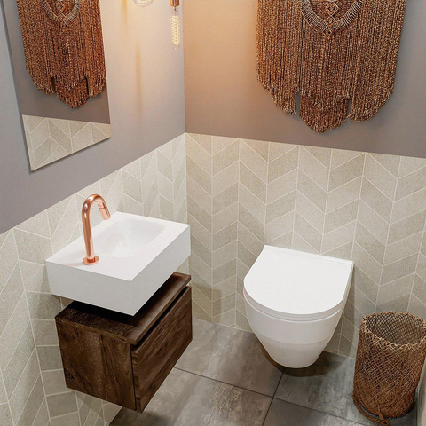 MONDIAZ ANDOR Toiletmeubel - 40x30x30cm - 1 kraangat - 1 lades - dark brown mat - wasbak rechts - Solid surface - Wit SW474291