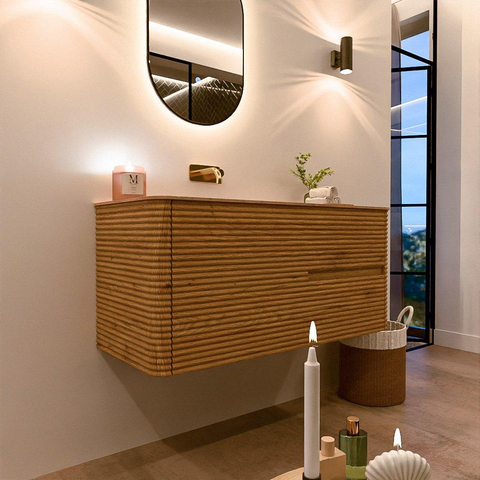 Mondiaz CIRO-DLUX ensemble de meubles de salle de bains - 110x45x50cm - plan vasque solid surface Saba - 1 lavabo à gauche - sans trous de robinet - 2 tiroirs - Chêne SW1531171