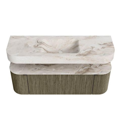 MONDIAZ THOR-DLUX 140cm meuble de salle de bains arrondi gauche + droite couleur Shadow avec 1 tiroir et 2 portes. Vasque suspendue CLOUD Milieu 1 trou de robinet couleur Frappe. SW1464124