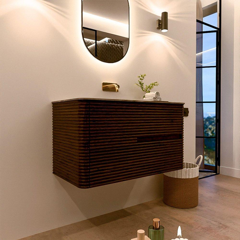 Mondiaz CIRO-DLUX Badkamermeubelset - 90x45x50cm - Solid surface wastafel Sombra - 1 wasbak Midden - zonder kraangaten - 2 lades - Walnut SW1530732